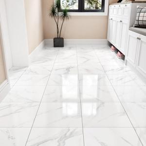 Wallercity White Marble Floor Tile Peel and Stick Bathroom Flooring Self Adhesive 18PCS Vinyl Floor Tiles Waterproof Flooring Sticky Tiles for Kitchen Bedroom Dinning Room Laminate Sheets 12''x12''