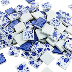 Yatinkim 1x1 Inch 121 Pcs Ceramic Mosaic Tiles for Craft Glazed Blue and White Square Porcelain Tiles Polished China Plate Mosaic Tile Art Crafts DIY Ceramic Pieces Home Decor