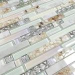 Beach Style Wall Tile Mosaic Kitchen Backsplash Tiles Green Bathroom Silver Glass Conch Stone White Marble Iridescent Mosaic Art Deco Sheets [Pack of 11PCS(12.4x11.8x0.31 Inches/Each)]