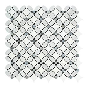Carrara White Italian (Bianco Carrara) Marble Florida Flower Mosaic Tile with Blue & Gray Marble Dots, Polished