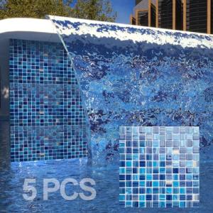LSDECO 5 Sheets Glass Mosaic Tiles Backsplash, Pool Tiles, 12" x 12" Kitchen Backsplash Tile, Glass Tiles for Bathroom Border Shower Wall (5 Sq.Ft Blue Blend)