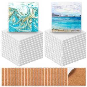 Zopeal 48 Pcs Ceramic Tile for Craft Coaster Includes Square and Round White Tile Unglazed Ceramic Coaster with Cork Backing Pad for DIY Gift(3.94 x 3.94 x 0.24 inches,Square)