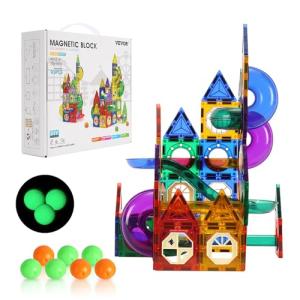 VEVOR Magnetic Tiles Marble Run, 93 Piece, Magnetic STEM Construction Race Track Tile Game Kit, Children Brain Development Learning Educational Toys, for Toddlers Kids Boys Girls Ages 3+ Years Old