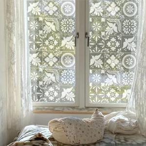 ChicSkin Etched Glass Window Privacy Film Decorative Moroccan Glass Decor, Thickened Vintage Window Film Tile Pattern Cling for Utility Room, Frost Square Bird 22.83"X75.98"
