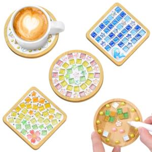 UXORSN 4 Sets DIY Mosaic Tiles for Crafts Mixed Color Mosaic Pieces with Bamboo Coaster Stained Glass Mosaic Arts and Crafts Kits for Adults Handmade Coaster Supplies for Home Decor Christmas Gifts