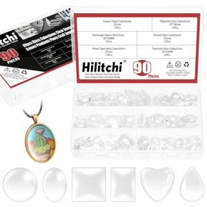 Hilitchi 90PCS 6 Shapes Clear Glass Cabochon Tiles Assortment Kits Transparent Glass Dome Cabochons Flat Glass Bead Cabochon Tile Crafts for DIY Jewelry Photo Pendant Making