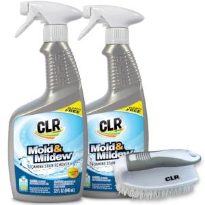 CLR Mold & Mildew Clear Bleach-Free Stain Remover Spray, Works on Bathroom Tile, Glass, Fabric, Concrete and More - 32 Ounce Spray (Pack of 2) with Brush
