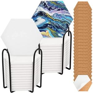 24 Pack Ceramic Tiles for Crafts with 2 Holders, White Unglazed Blank Ceramic Coasters with Self-Adhesive Cork Backing Pads for Acrylic Pouring, Painting, Make Your Own DIY Coasters (Hexagon)