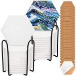 24 Pack Ceramic Tiles for Crafts with 2 Holders, White Unglazed Blank Ceramic Coasters with Self-Adhesive Cork Backing Pads for Acrylic Pouring, Painting, Make Your Own DIY Coasters (Hexagon)