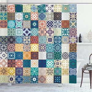 Ambesonne Moroccan Shower Curtain, Patchwork Pattern Different Colorful Original Tunisian, Cloth Fabric Bathroom Decor Set with Hooks, 69" W x 84" L, Turquoise Yellow