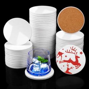 Geytetqi 55 PCS 4 Inch Round Sublimation Ceramic Coasters with Cork Backing Pads, Glazed Round Coaster Tiles for Drinks, DIY Crafts Home Kitchen Decor.