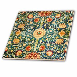 8 Inch Ceramic Tile - William Morris Blue Coral Orange Floral Pattern Flower Kaleidoscope Vintage Art