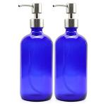 Cornucopia Brands 16-Ounce Cobalt Blue Glass Bottles w/Stainless Steel Pumps (2-Pack), Soap Dispenser w/Lotion Pumps for Essential Oils, Lotions, Liquid Soap
