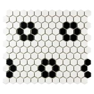 Tenedos Hexagon Matte White with Black Hexagon Flower Pattern Porcelain Mosaic Floor and Wall Tile for Kitchen Backsplash, Bathroom Walls, Accent Walls and Floors (1)