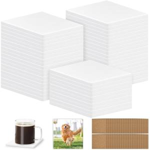 48 PCS Sublimation Coasters Blanks Ceramic Tiles Bulk 4x4 White Unglazed Glazed Ceramic Tiles for Crafts with 48 Cork Sticker Back, Square Coasters Sublimation for Heat Transfer DIY Painting