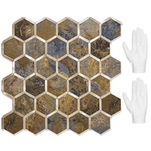 STICKGOO Hexagon Peel and Stick Backsplash Tile, Stick on Backsplash for Kitchen and Bathroom, Rust Slate Look PVC Mixed Metal Gold Self Adhesive Metal Mosaic Tiles(10 Sheets, Seamless)