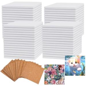 COYMOS 60 Pcs Ceramic Tiles for Crafts White Ceramic Coasters for Crafts Blank Unglazed Ceramic Tiles 4x4 for Painting, Alcohol Ink, Acrylic Pouring, DIY Coaster, Cork Backing Pads Included