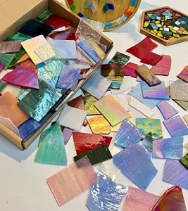 Lanyani Iridescent Stained Glass Pieces for Crafts and Decoration,Variety Irregular Broken Stained Glass Mosaic Tile Scraps,1Kg/35oz Pack