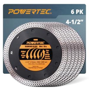 POWERTEC 4-1/2 Inch Diamond Saw Blades for Angle Grinder 6 Pack, Super Thin Turbo Mesh Rim Tile Blades for Cutting Porcelain, Granite Tile & Ceramic Tile, 4.5" Diamond Blades (14000-P6)