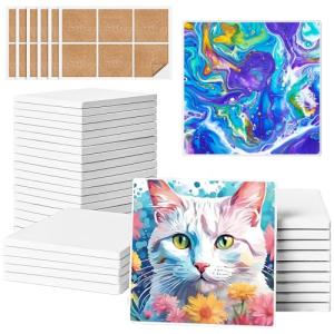 Ceramic Tiles for Crafts, GOH DODD 36 Pack Unglazed Blank Coasters with Cork Backing for Alcohol Ink Painting Acrylic Pouring Art Projects Housewarming Gifts Wedding School Education, 4 Inch