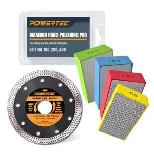 POWERTEC 72212 4-1/2" Diamond Saw Blade & Diamond Hand Polishing Pads Kit, Turbo Mesh Rim Tile Blade for Porcelain and Ceramic Tile & Assorted 60/100/200/400 Grits Sanding Block for Granite,Wood,Metal