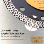 POWERTEC 72212 4-1/2" Diamond Saw Blade & Diamond Hand Polishing Pads Kit, Turbo Mesh Rim Tile Blade for Porcelain and Ceramic Tile & Assorted 60/100/200/400 Grits Sanding Block for Granite,Wood,Metal