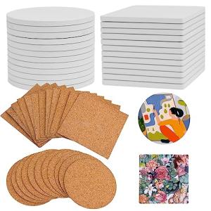 COYMOS 24 Pcs Ceramic Tiles for Crafts White Ceramic Coasters for Crafts Blank Unglazed Ceramic Tile 4x4 for Painting, Alcohol Ink, Acrylic Pouring, DIY Coaster, Cork Backing Pads Included
