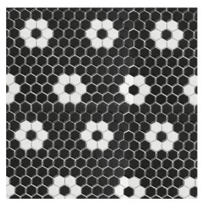 Tenedos Hexagon Neutro Flower Matte Black White Hex 1x1 Porcelain Floor Wall Tile Backsplash on Mesh Mounted for Easy to Install uses in Kitchen, Bathroom Shower, Accent Decor, Fireplace (10)