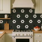 Tenedos Hexagon Neutro Flower Matte Black White Hex 1x1 Porcelain Floor Wall Tile Backsplash on Mesh Mounted for Easy to Install uses in Kitchen, Bathroom Shower, Accent Decor, Fireplace (10)