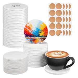 IHDYPPEW 50 Pack 4 inch Round Ceramic Tiles for Crafts, Rotundity Blank Ceramic Coasters with Cork Backing Pad, Perfect for Painting, Alcohol Ink, Acrylic Pouring - DIY Coaster(Unglazed)