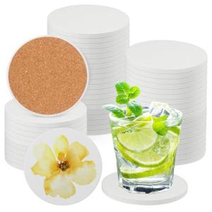 GNIEMCKIN 50 Pieces 3.54 Inch Round Blank Ceramic Coasters, Unglazed Ceramic Tiles Coasters with Cork Backing Pads for Painting, DIY Crafts, Circular, White.