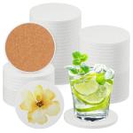 GNIEMCKIN 50 Pieces 3.54 Inch Round Blank Ceramic Coasters, Unglazed Ceramic Tiles Coasters with Cork Backing Pads for Painting, DIY Crafts, Circular, White.