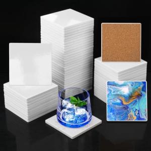 Geytetqi 60 PCS 4 Inch Sublimation Square Ceramic Coasters with Cork Backing Pads, Glazed Square Coaster Tiles for Drinks, DIY Crafts Home Kitchen Decor.