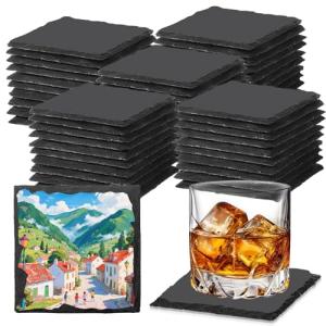 60 Black Slate Coasters for Home and Events