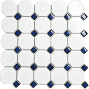 Matte White Octagon Mosaic Tile with Cobalt Dots