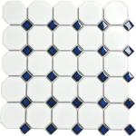 Matte White Octagon Mosaic Tile with Cobalt Dots