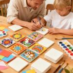 14 PCS Ceramic Tiles for Crafts and self-Adhesive Cork mat,unglazed Ceramic Coasters for Crafts,Use with Alcohol Ink or Acrylic Pouring Make Your Own DIY Coasters