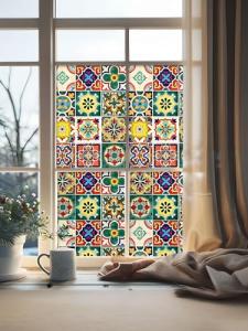 Moroccan Talavera Tile Pattem Privacy Protect Window Film Non-Adhesive Frosted Decorative Glass Film Static Cling Film for Bathroom Shower Room, Kitchen Glass Film (Moroccan Talavera 01)
