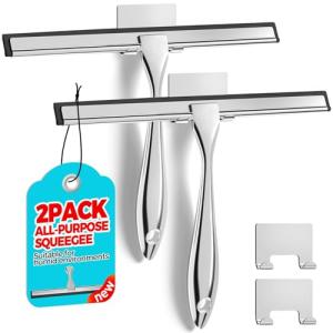 ALFLOD 2PACK Shower Squeegee for Glass Doors, Squeegee for Shower Glass，All-Purpose Tile Walls, Bathroom, Window, Glass and Car Windshield, Mirrors and Kitchen-Stainless Steel, 10 Inches, Silver