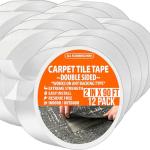 Carpet Tile Tape Double Sided Heavy Duty Carpet Tape for Carpet Tiles Rugs Vinyl Rubber Mats Turf Indoor Outdoor No Residue Carpet Tape for Hardwood Floors 2 Sided Gripper 2inx90ft (Bulk 12 Pack)