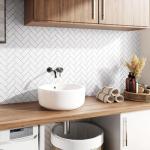 Wallercity Brick White Peel and Stick Backsplash Tile Stickers for Kitchen Marble Wall Tiles 12''x12'' Herringbone Vinyl Self Adhesive Subway Tiles for Backsplashes Waterproof Stick on Tile 10-Sheets