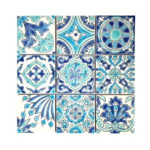 DYARI Set of 9 Decorative Ceramic Tiles – Hand Painted Indoor & Outdoor – Artisan Top Kitchen – Mediterranean Decorative 4x4 / One Tile Durable Colorful (Turquoise & Blue, 9 Tiles (1 Sq Ft))