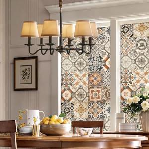 Vintage Moroccan Tile Pattern Wall Paper Style Privacy Window Film Non-Adhesive Frosted Decorative Glass Film Static Cling Film for Bathroom Shower Room,Furniture Glass (Moroccan Tile)
