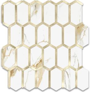Vamos Tile Long Hexagon Peel and Stick Tile Backsplash - 10 Sheets Stick on Backsplash for Kitchen and Bathroom Calacatta Gold Mixed Metal Light Gold PVC Self Adhesive Mosaic Wall Tiles(Seamless)