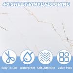 AKOLAFE 40 Sheet Vinyl Flooring 12x12 Inch Peel and Stick Floor Tile Waterproof White Marble Vinyl Floor Tiles Clearance Self Adhesive Floor Tiles Sticky Laminate Flooring Stick on Bathroom Kitchen RV