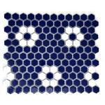Tenedos Hexagon Glossy Cobalt Blue with White Flower Pattern Porcelain Mosaic Tile – Wall & Floor Tile for Backsplash, Bathroom, Accent Walls and Floor (10)