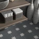 INNO STCIEKRS 16-Sheet Peel and Stick Floor and Wall Tile for Bathroom Kitchen, 9" x 9" Gray Flower SPC Self-Adhesive Vinyl Flooring Patterned Groutable Backsplash Tile, Covers 9.12 Sq Ft.