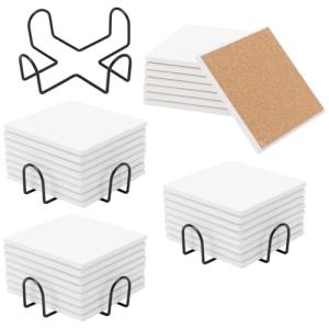 JAPCHET 32 Pack Ceramic Tiles with 4 Holders, 4 Inch Square Unglazed Blank Ceramic Coasters with Cork Backing Pads for Acrylic Poring, Coasters, Painting Projects, White