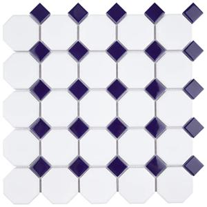Merola Tile Metro Octagon Matte White with Cobalt Dot 6" x 6" Porcelain Mosaic Tile Sample