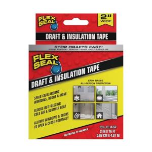 Flex Seal Draft and Insulation Sealing Tape, Flexible, Rubberized, Weatherproof Strip for Windows, Doors, Vents, Works on Wood, Glass, Tile, Metal, Plastic, Fiberglass, Clear, 2 in x 16 ft, Pack of 1
